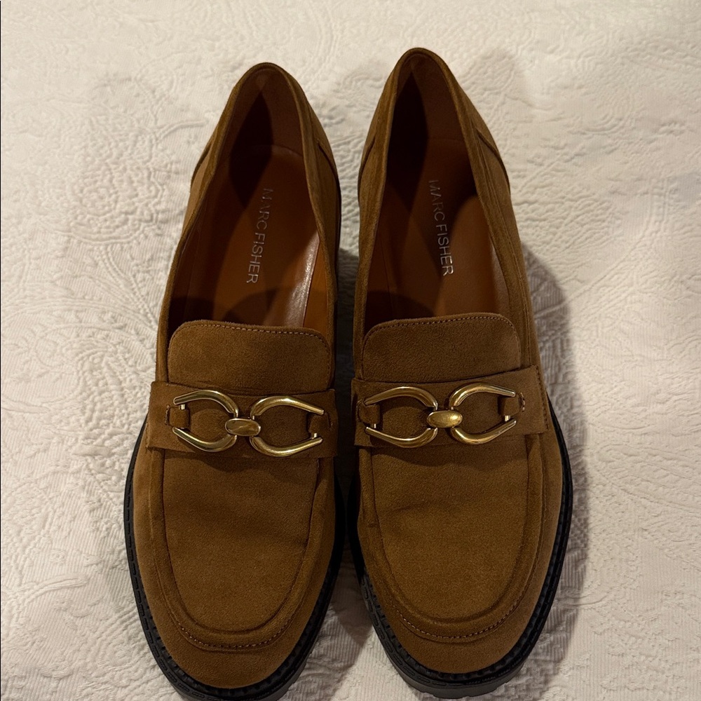 Marc Fisher Tan Loafers with Gold Accents